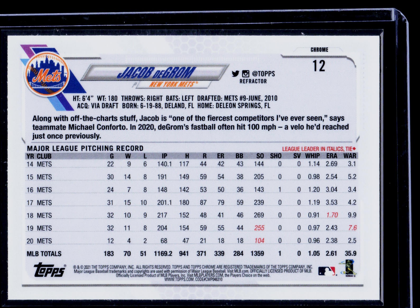 2021 Topps Chrome #12 Jacob deGrom Refractor