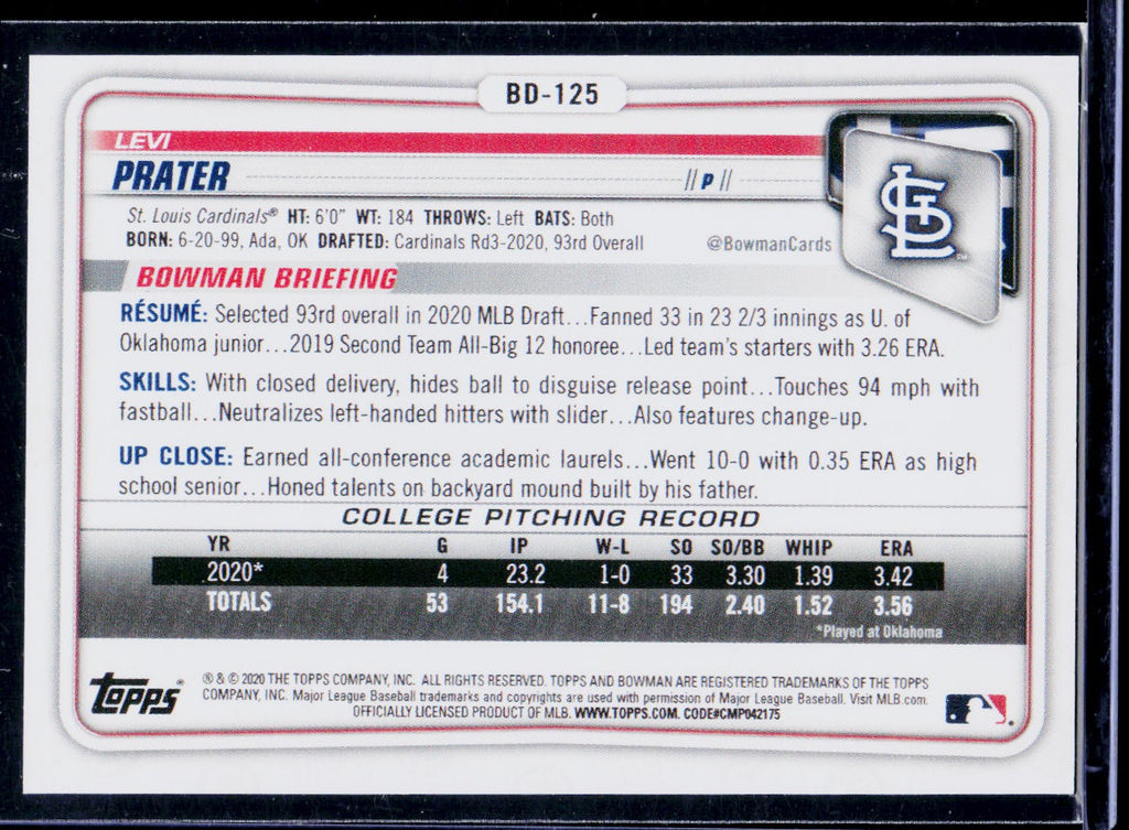 2020 Bowman Draft Levi Prater Sky Blue Border RC /499