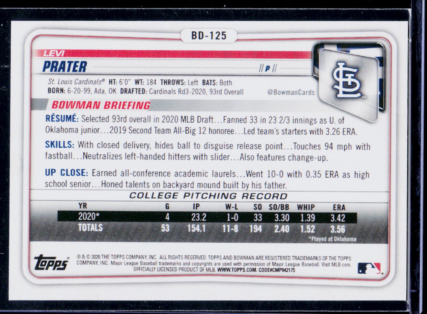 2020 Bowman Draft Levi Prater Sky Blue Border RC /499