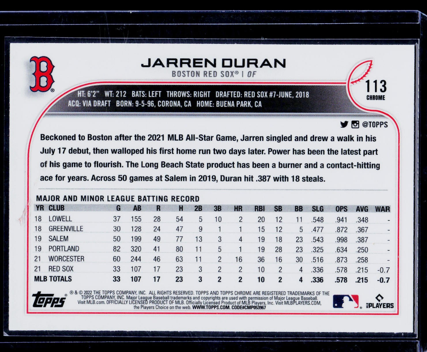 2022 Topps Chrome #113 RC Jarren Duran