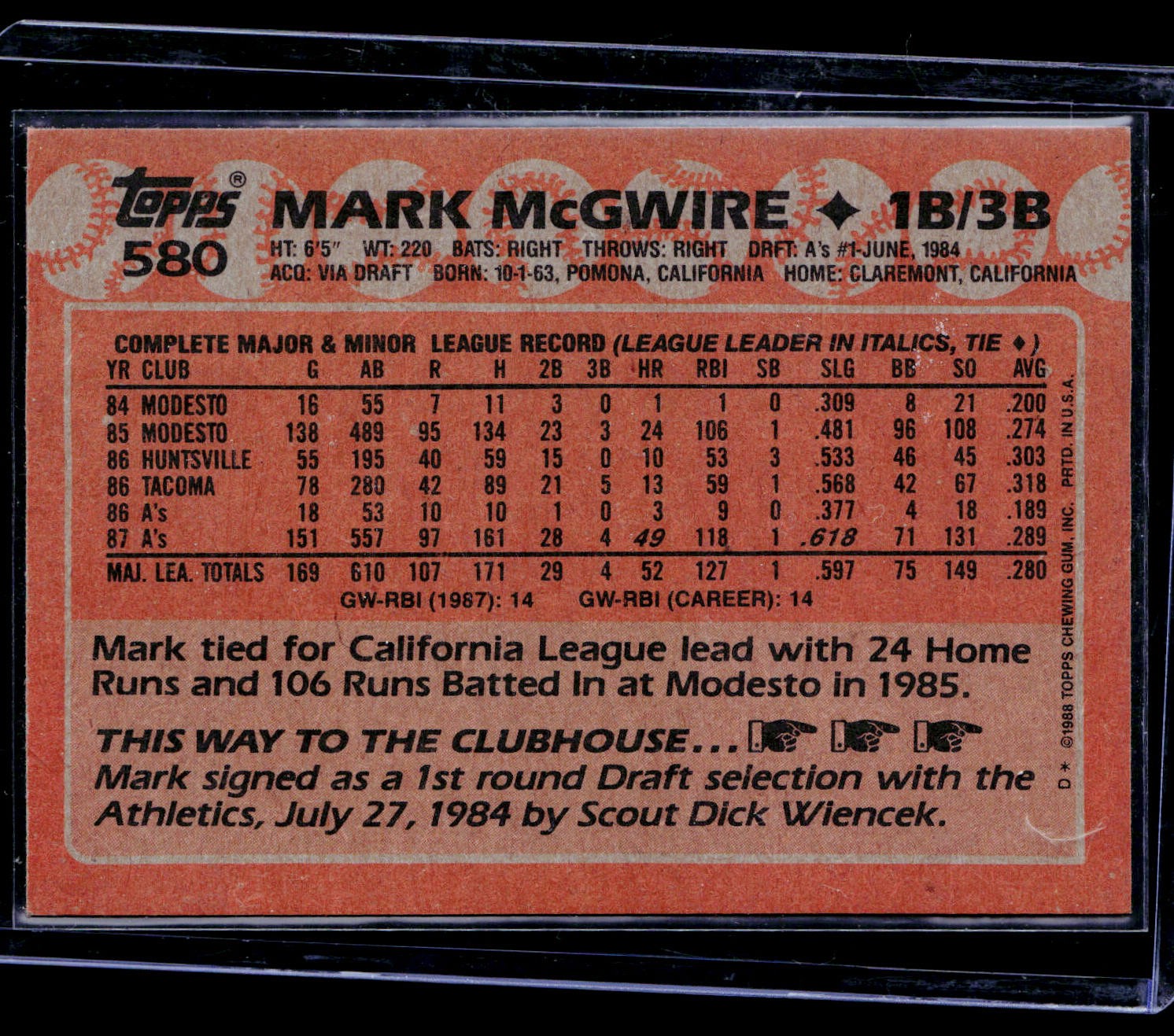 1988 Topps #580 Mark McGwire