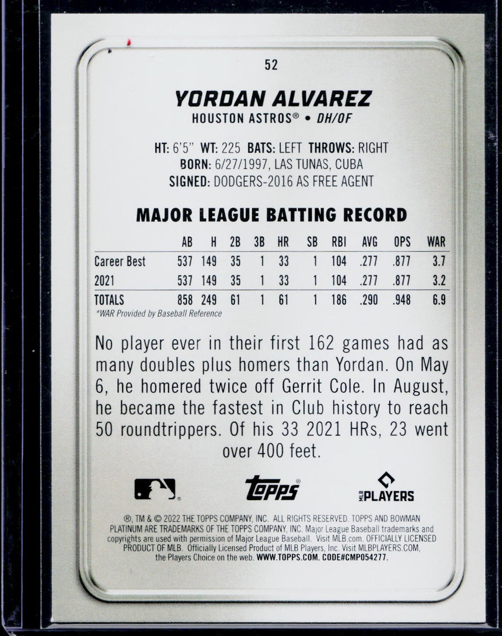 2022 Bowman Platinum #52 Yordan Alvarez Ice Foilboard