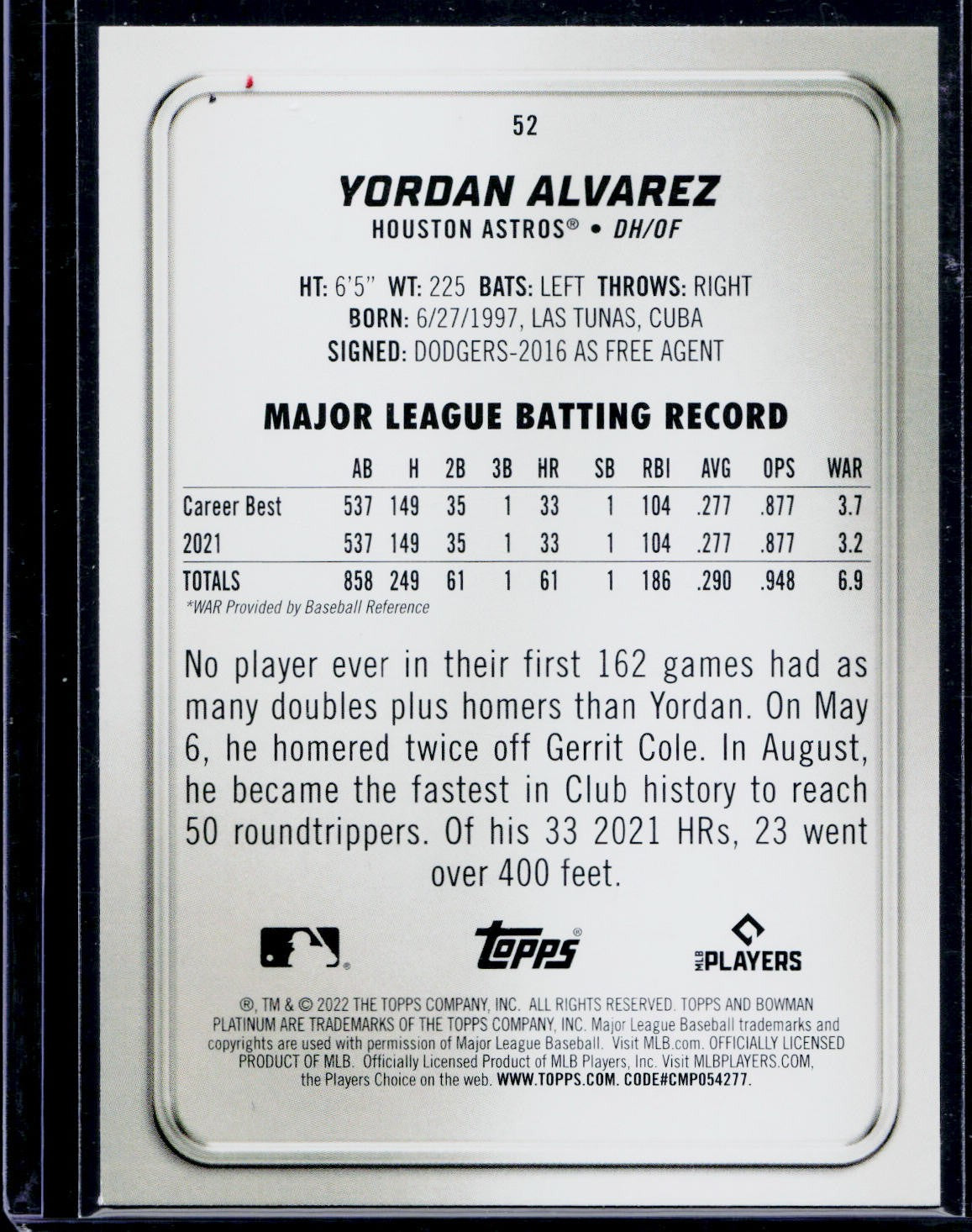2022 Bowman Platinum #52 Yordan Alvarez Ice Foilboard