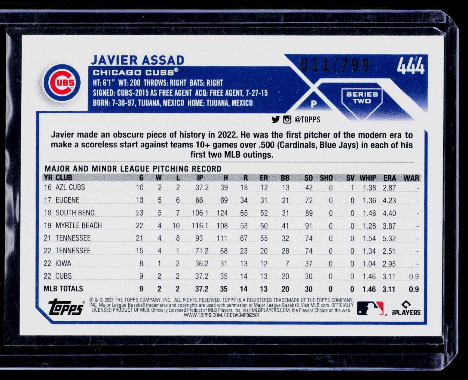 2023 Topps #444 Javier Assad Purple 011/799