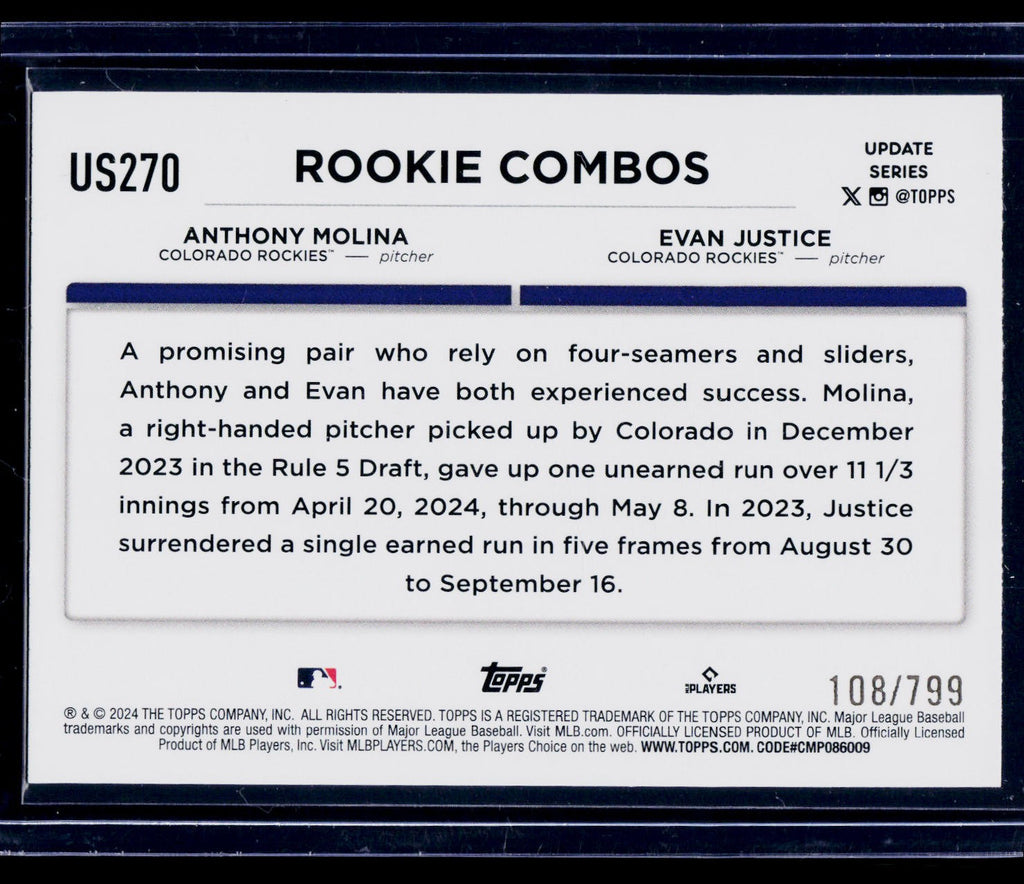 2024 Topps Update #US270 Evan Justice / Anthony Molina Purple Foil 108/799
