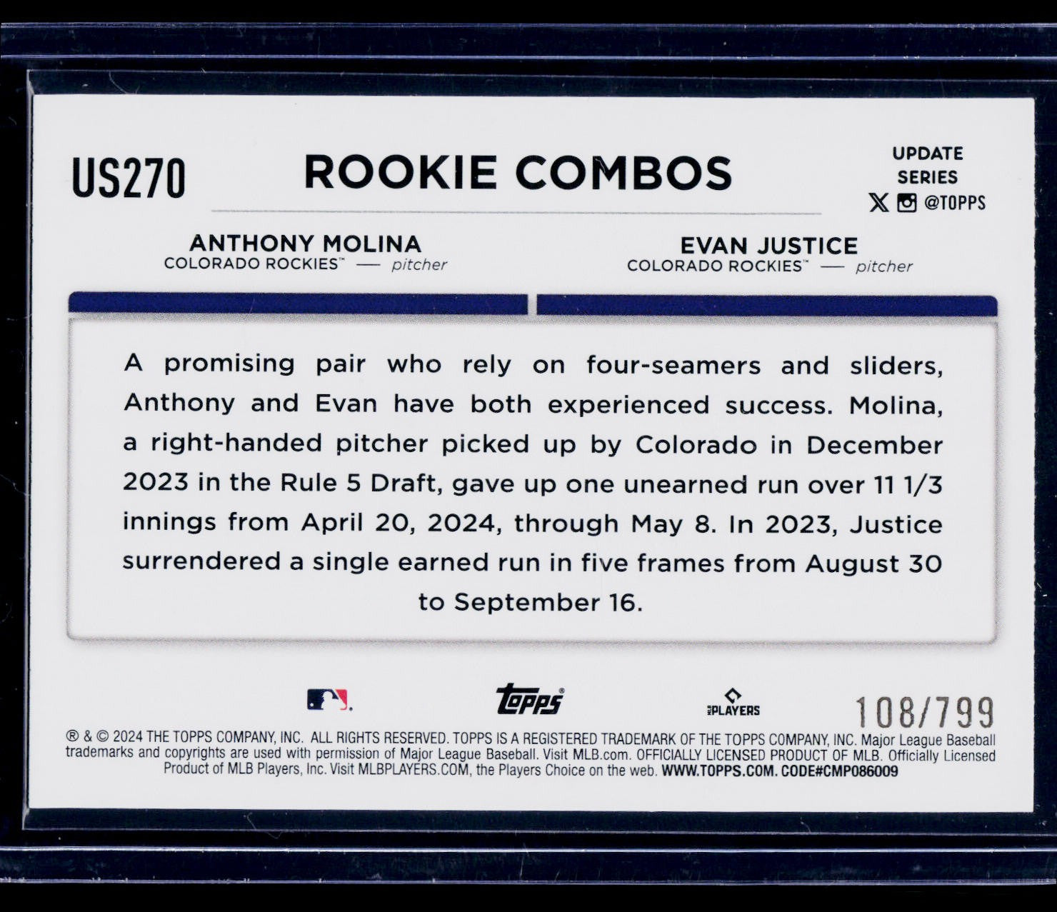 2024 Topps Update #US270 Evan Justice / Anthony Molina Purple Foil 108/799