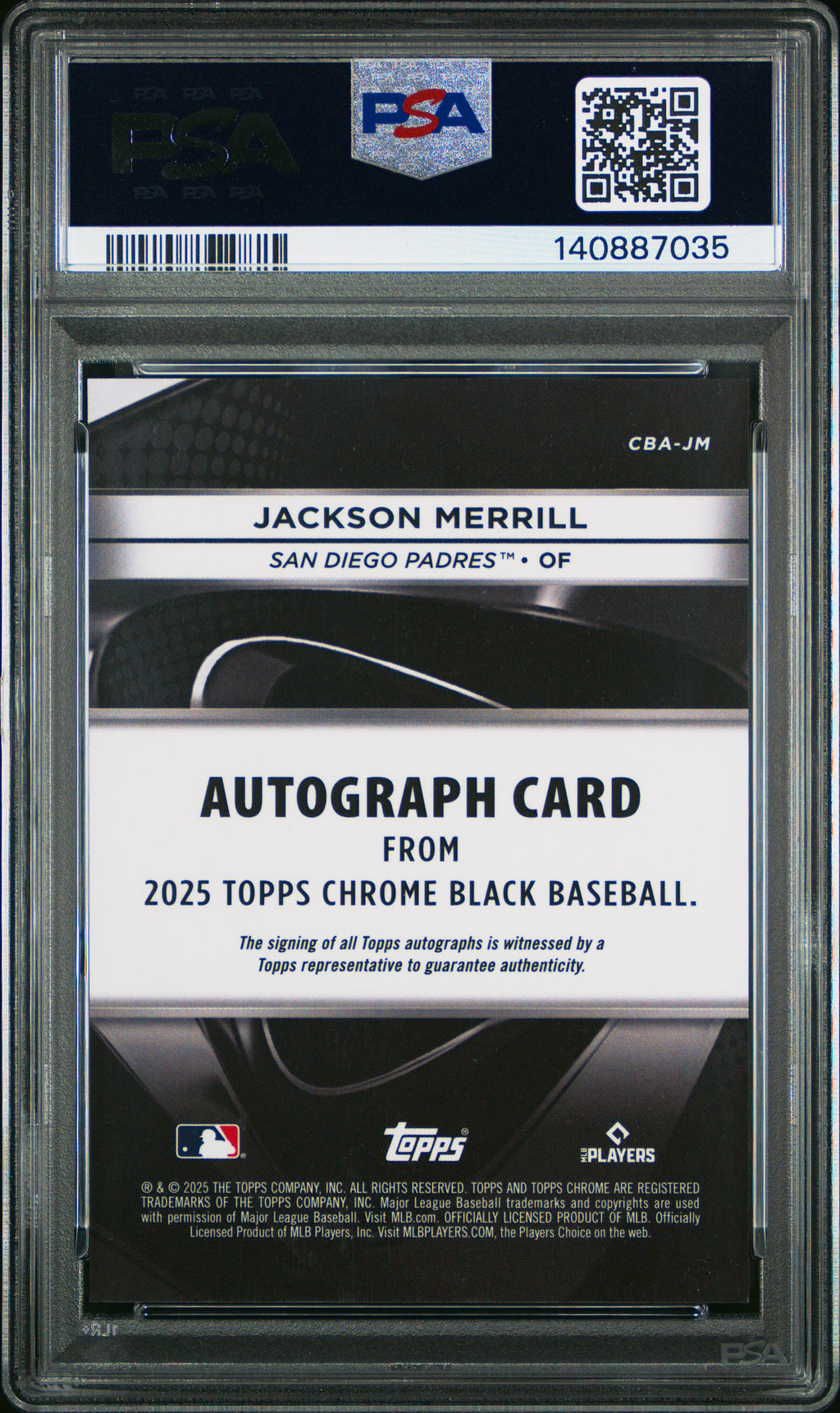 2025 Topps Chrome Black Autographs Jackson Merrill #JM Blue Refractor /150 PSA 10
