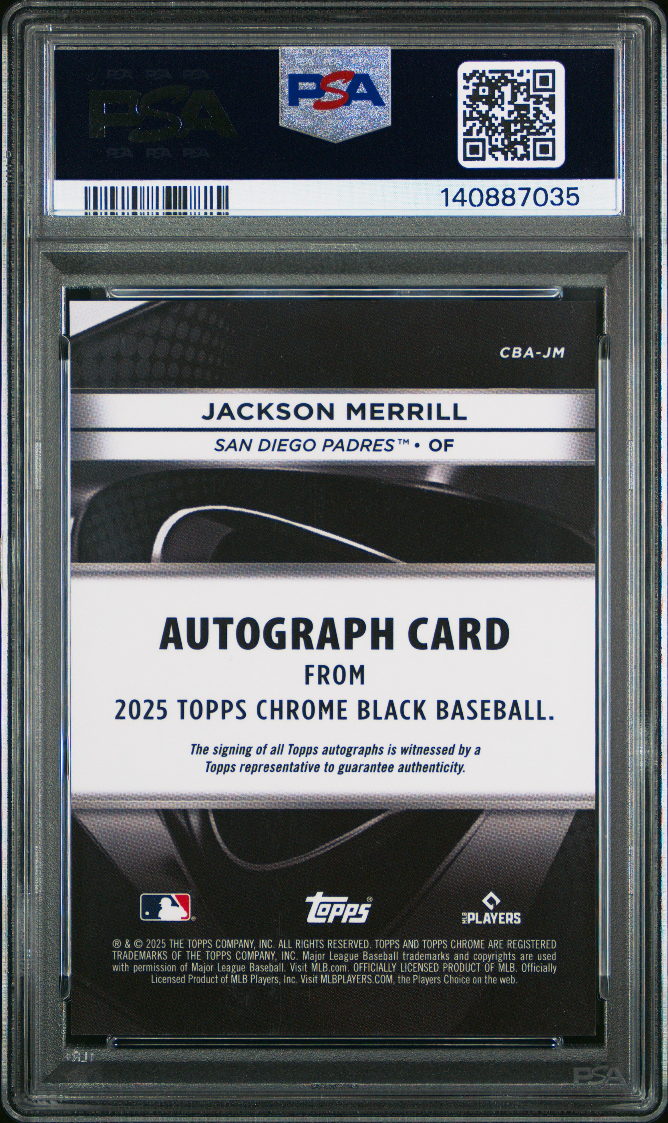 2025 Topps Chrome Black Autographs Jackson Merrill #JM Blue Refractor /150 PSA 10
