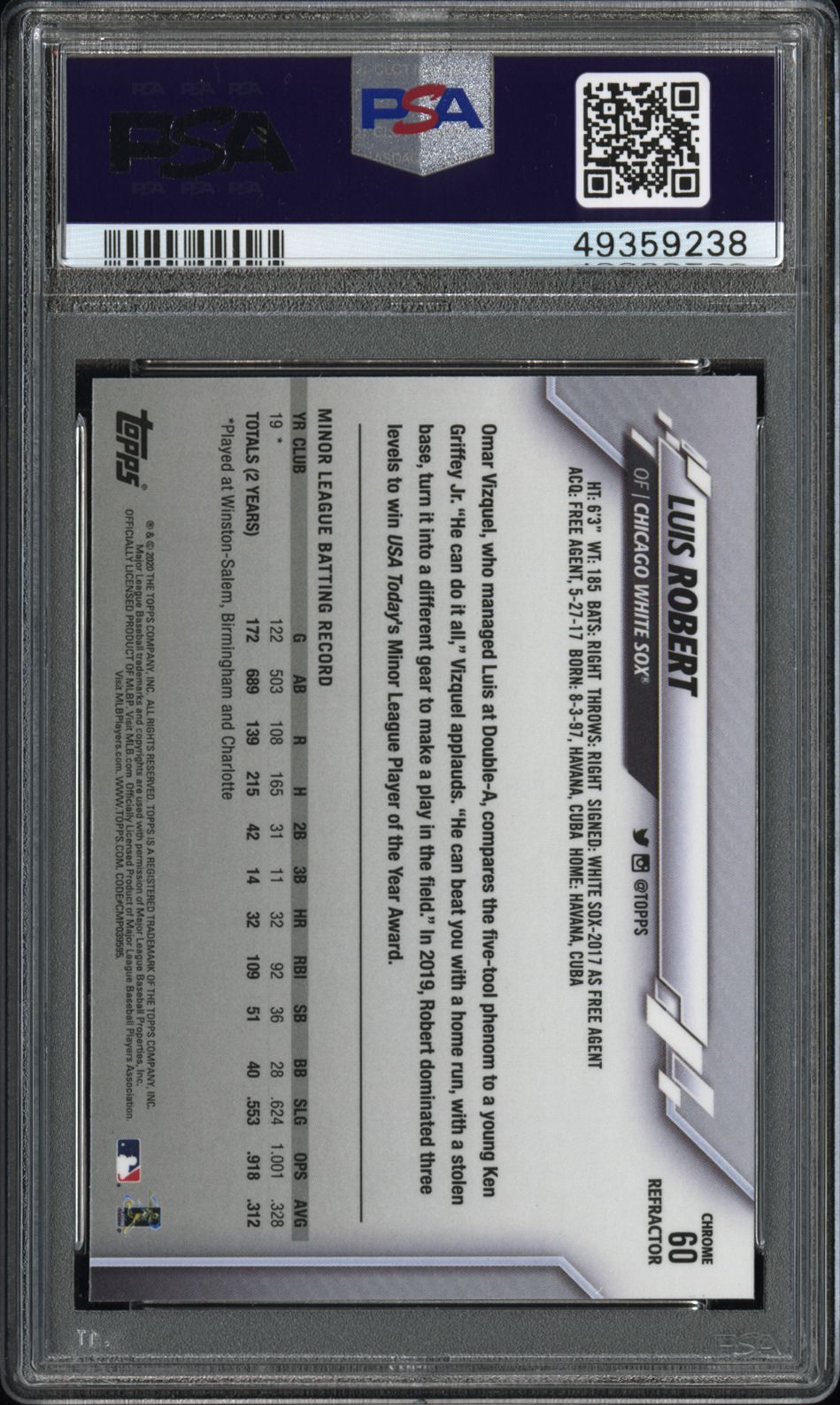 2020 Topps Chrome Luis Robert #60 Pink Refractor PSA 9