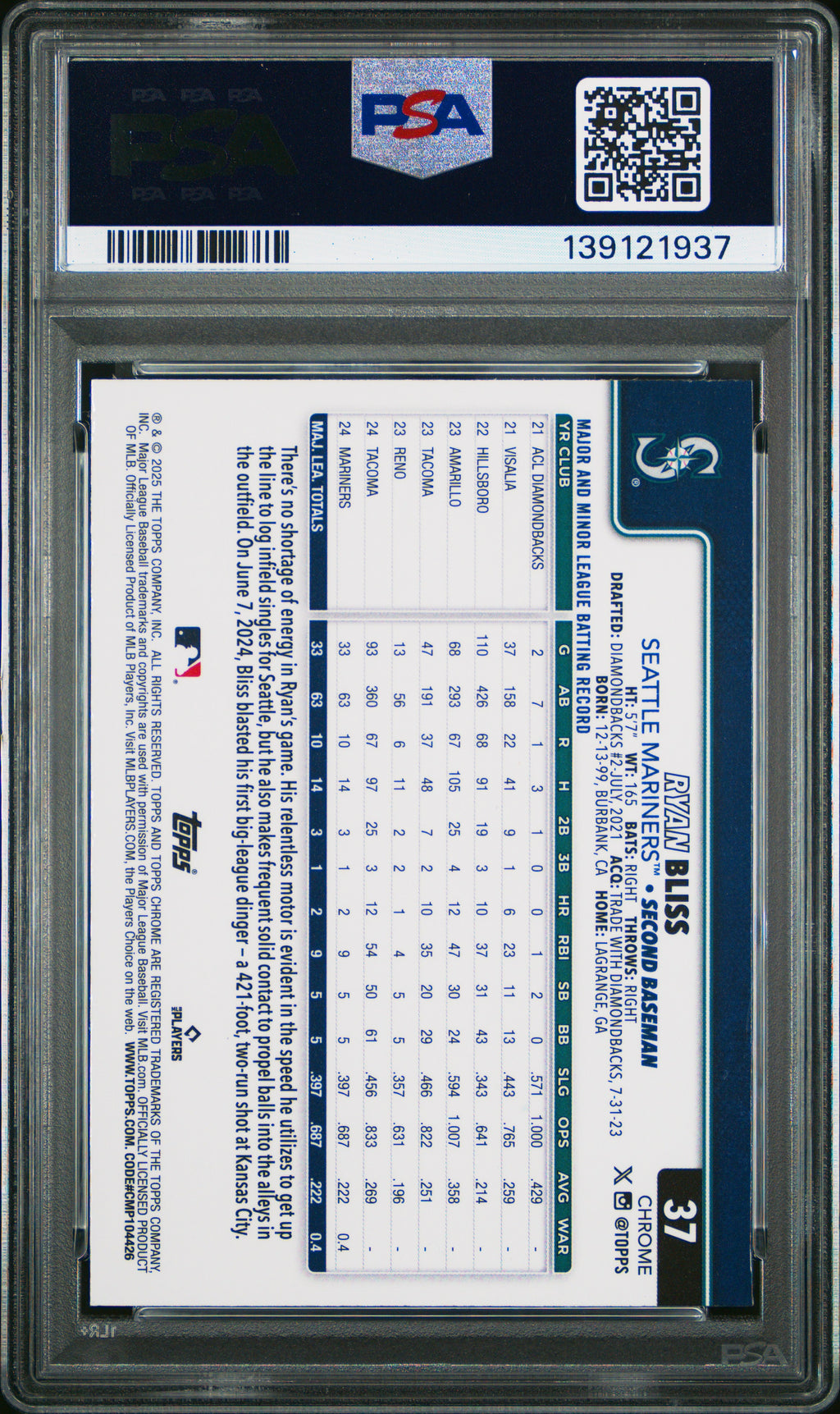 2025 Topps Chrome Ryan Bliss #37 Negative Refractor PSA 9