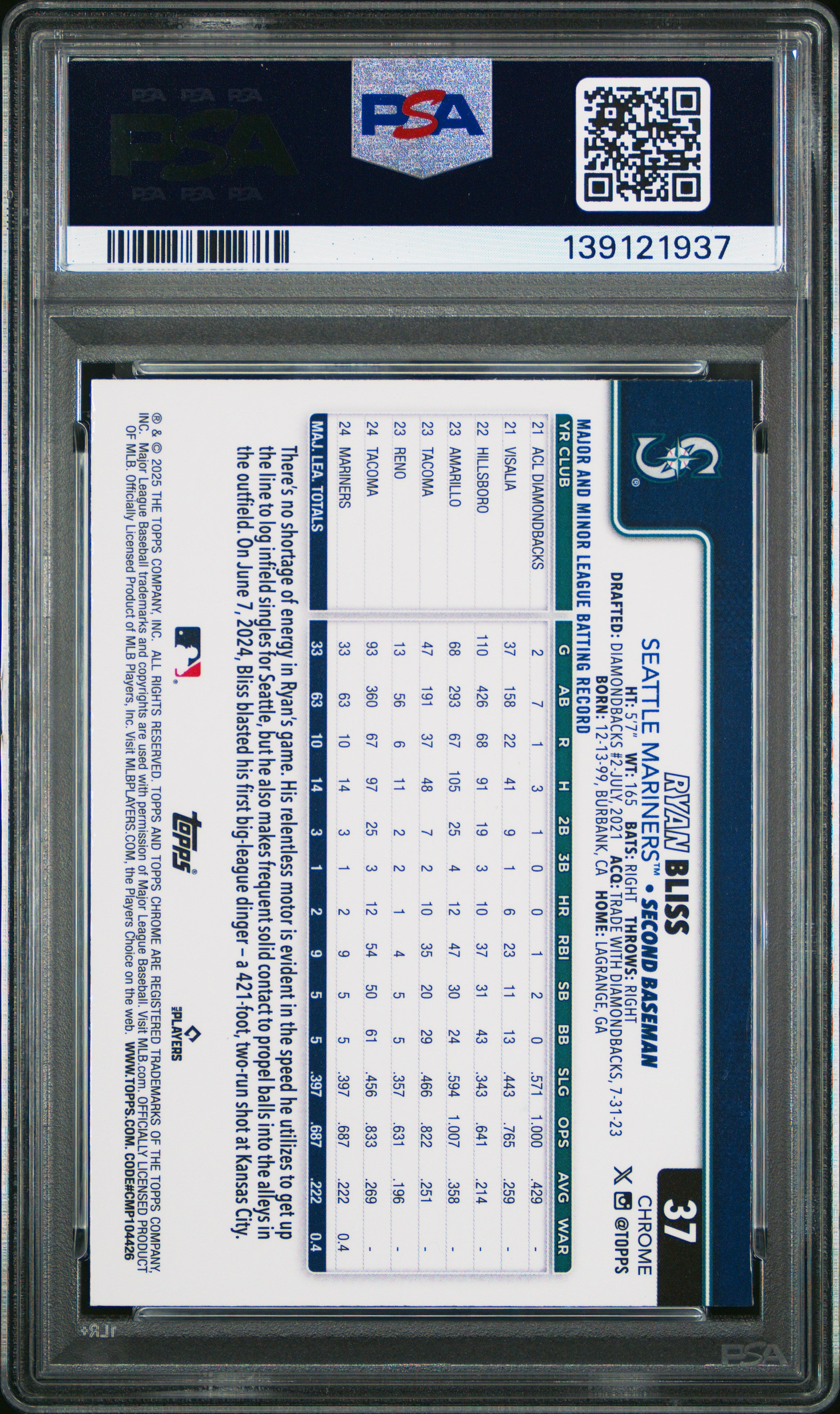 2025 Topps Chrome Ryan Bliss #37 Negative Refractor PSA 9