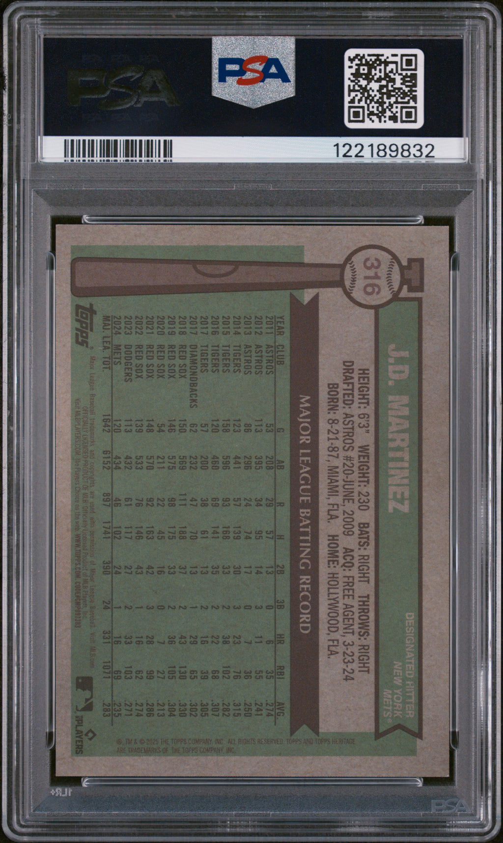2025 Topps Heritage JD Martinez #316 Chrome Gold Refractor PSA 9 3/50