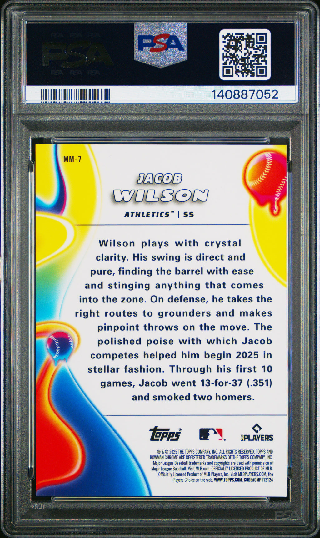 2025 Bowman Chrome Melt Mashers Jacob Wilson #MM-7 Orange Ref /25 PSA 8