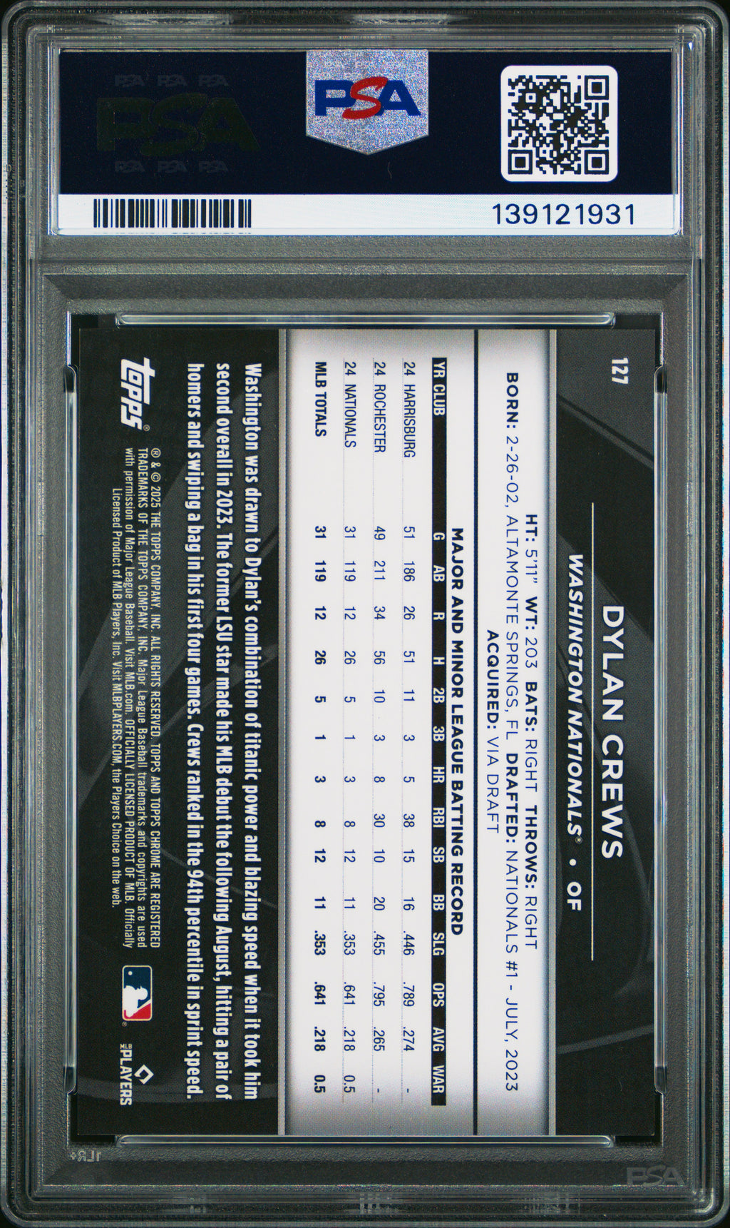 2025 Topps Chrome Black Dylan Crews #127 Variation Purple Refractor /75 PSA 8.5