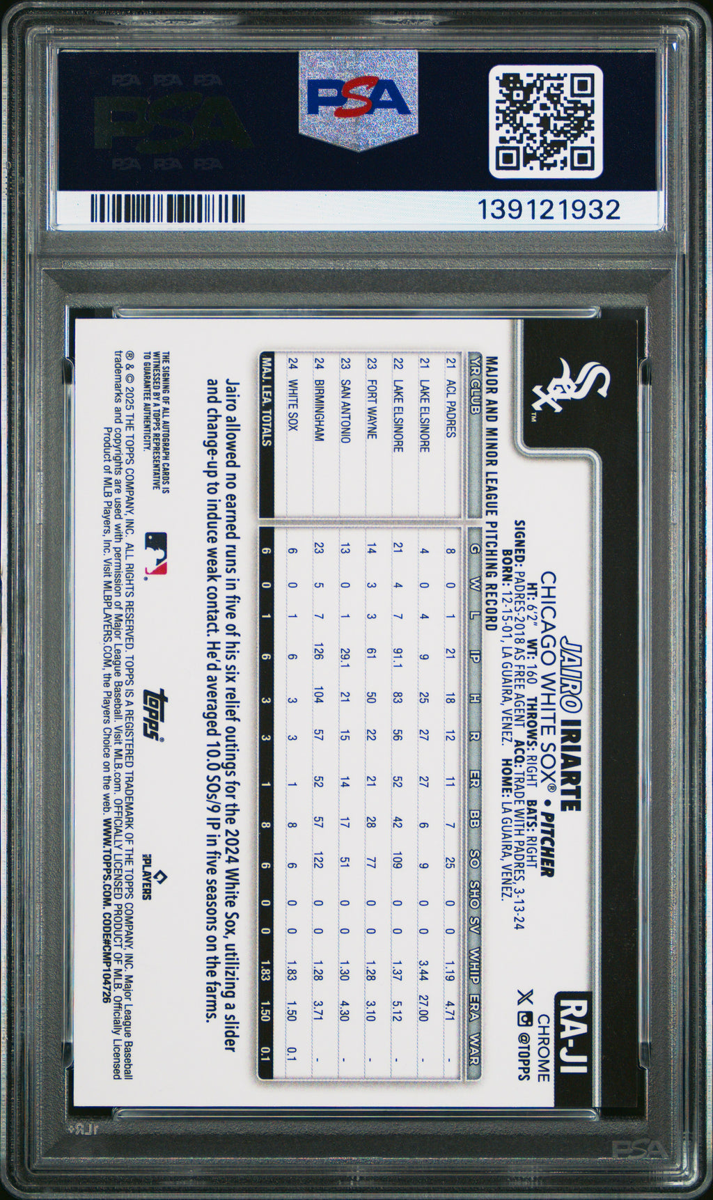 2025 Topps Chrome Rookie Autographs Jairo Iriarte #RAJI Aqua Wave /199 PSA 10
