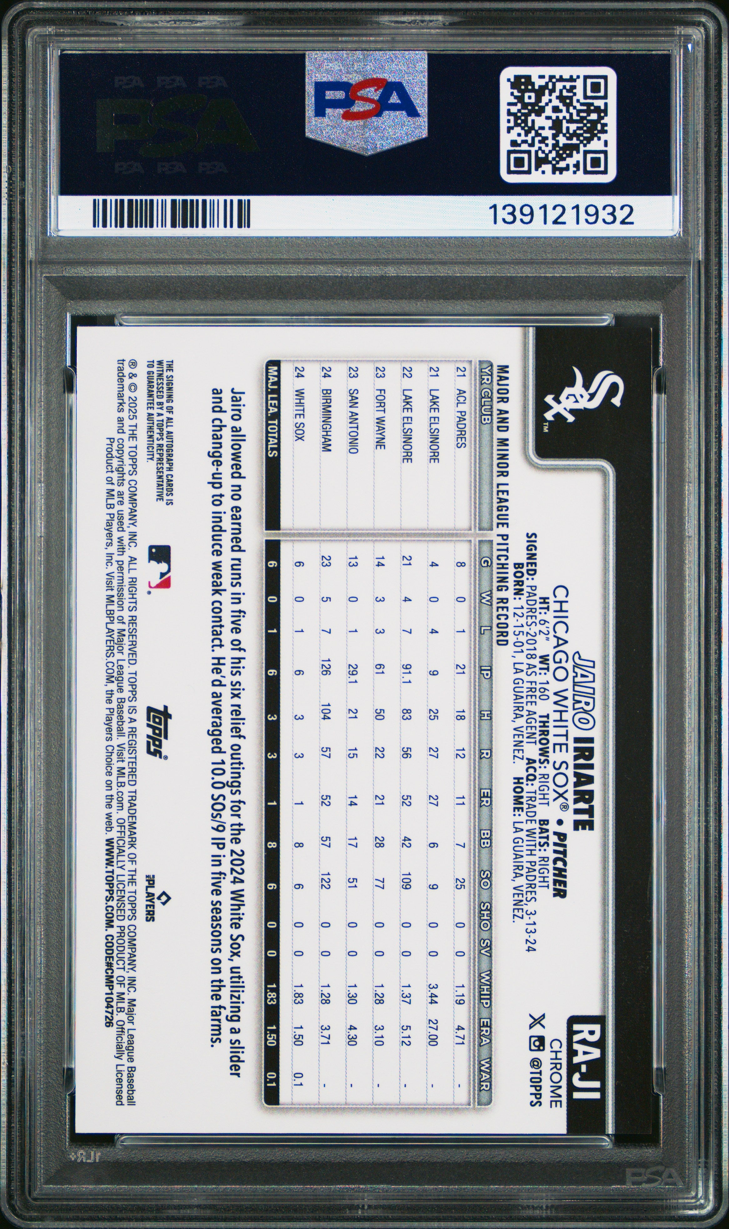 2025 Topps Chrome Rookie Autographs Jairo Iriarte #RAJI Aqua Wave /199 PSA 10