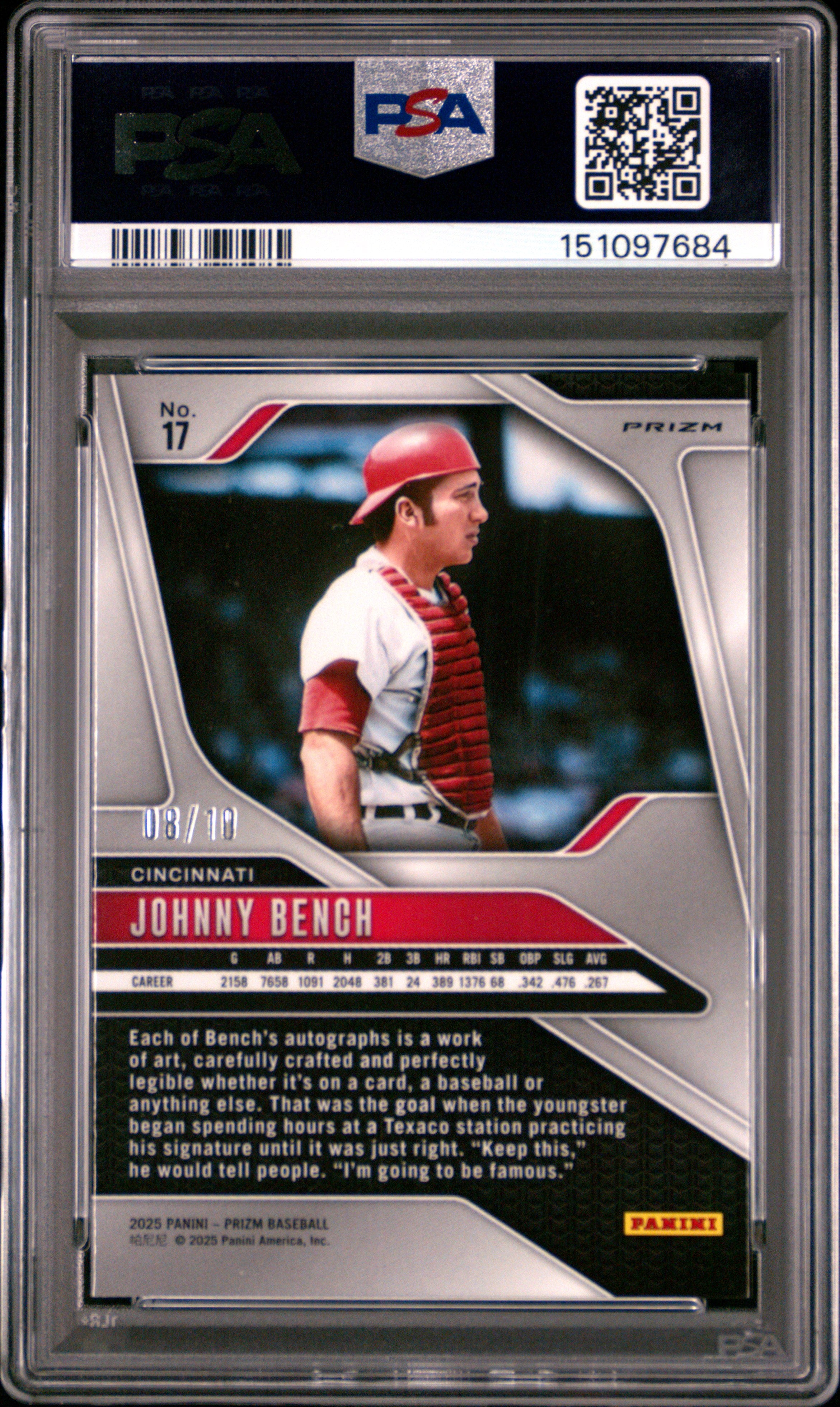 2025 Panini Prizm Johnny Bench #17 Gold /10 PSA 10