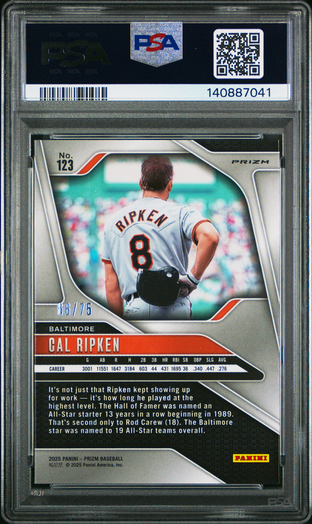 2025 Panini Prizm Cal Ripken #123 Blue Pulsar /75 PSA 10