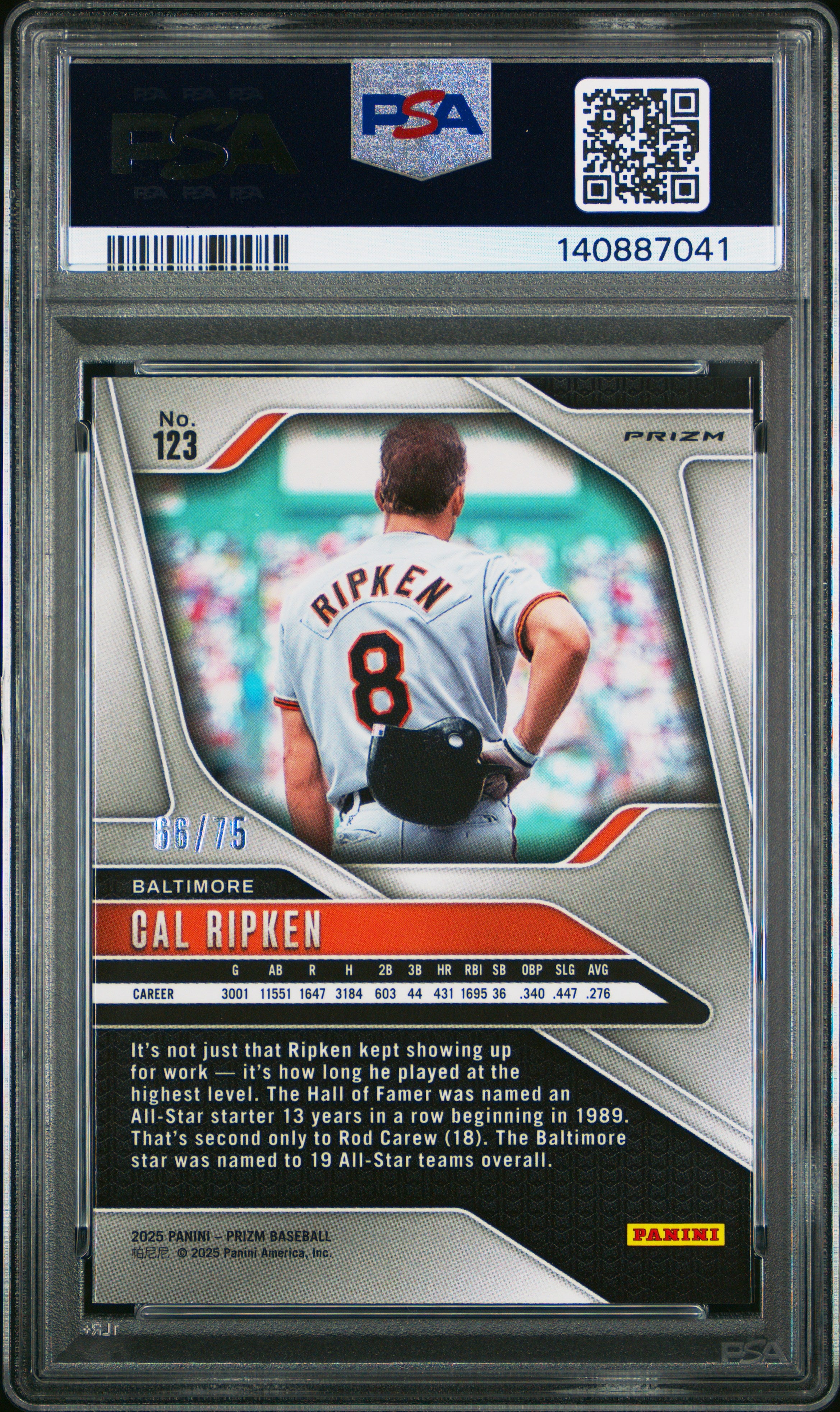 2025 Panini Prizm Cal Ripken #123 Blue Pulsar /75 PSA 10