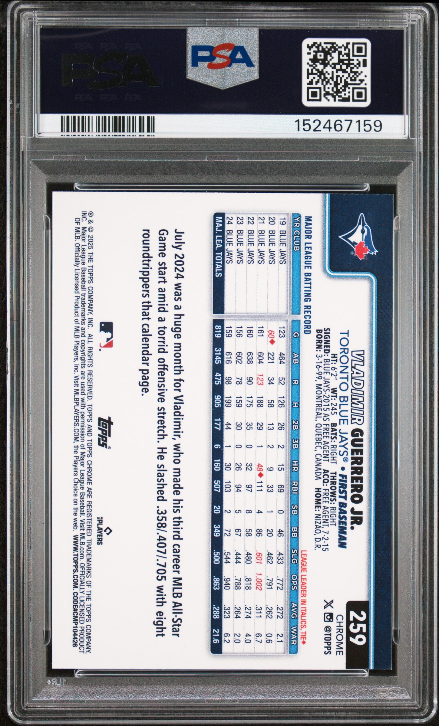 2025 Topps Chrome Vladimir Guerrero JR. #259 X Fractor PSA 9