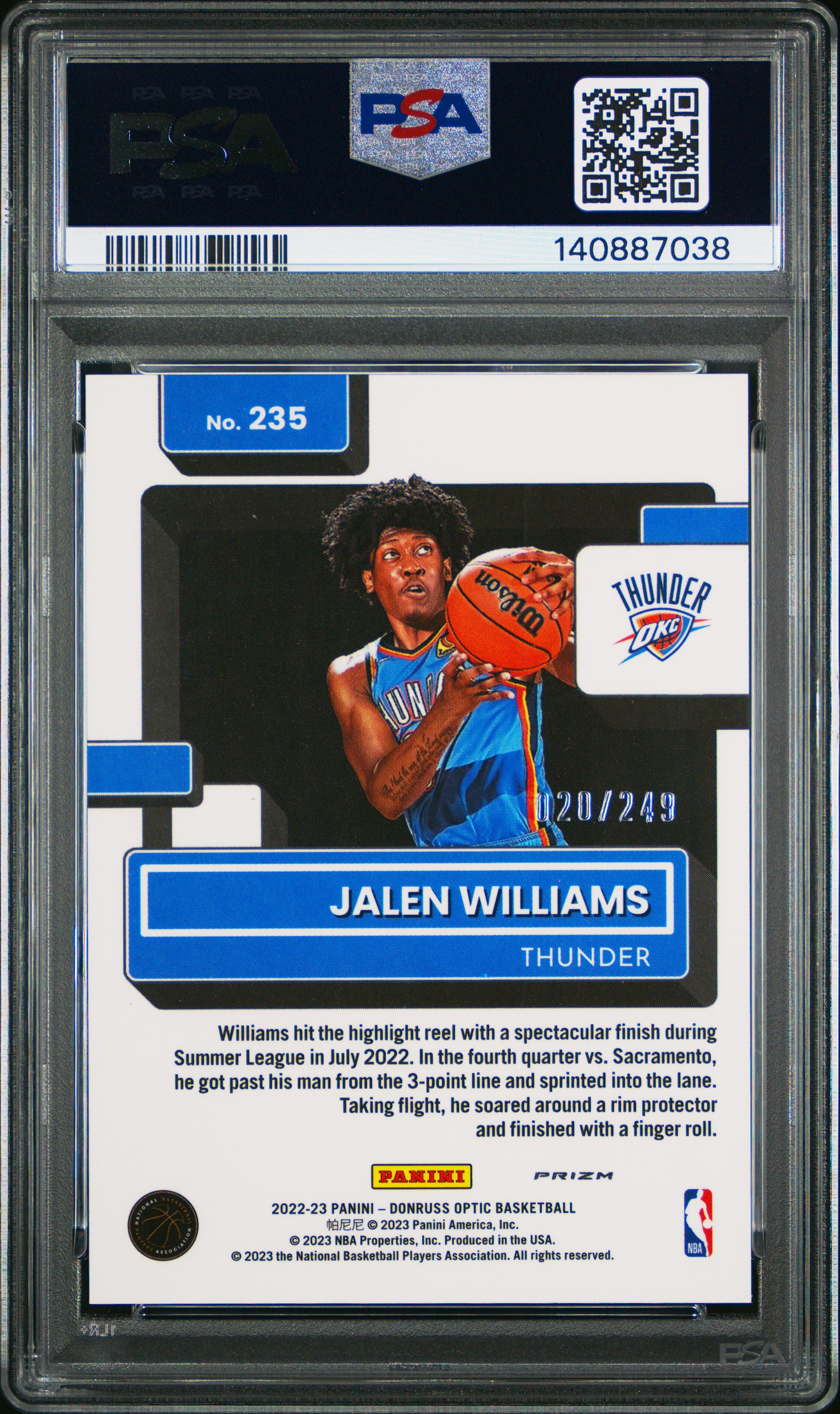 2022 Panini Donruss Optic Jalen Williams #235 Premium Box Set /249 PSA 10