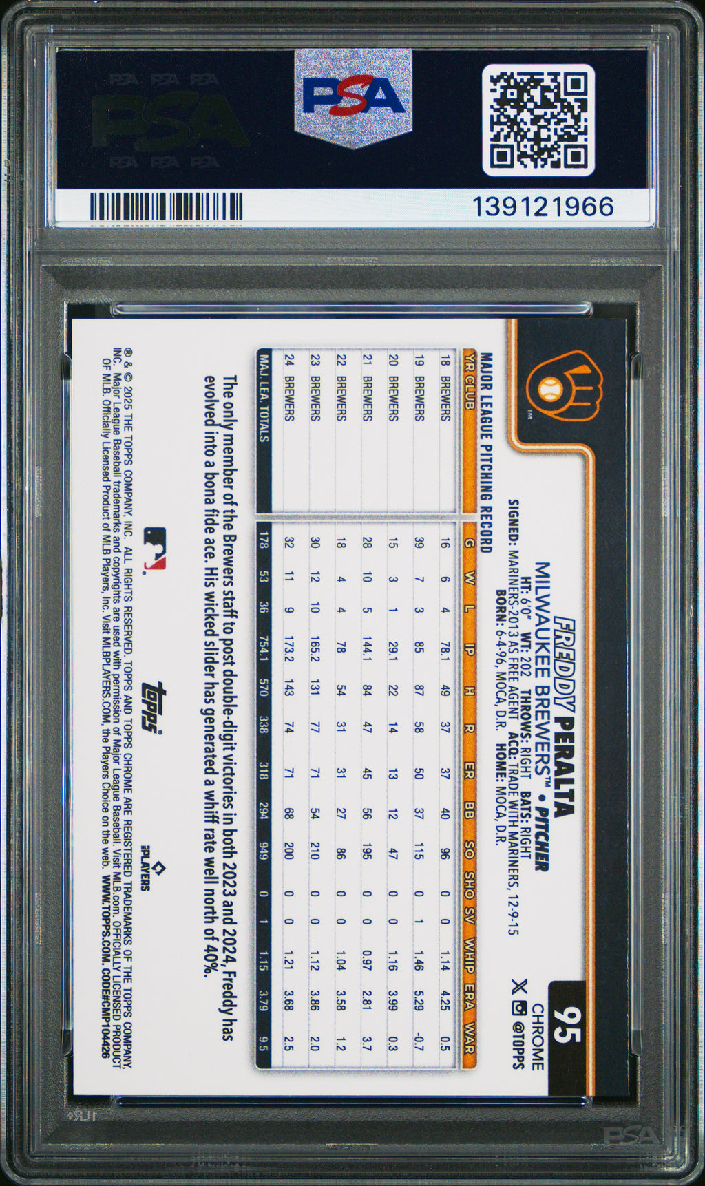 2025 Topps Chrome Freddy Peralta #95 Aqua Raywave PSA 10 113/199