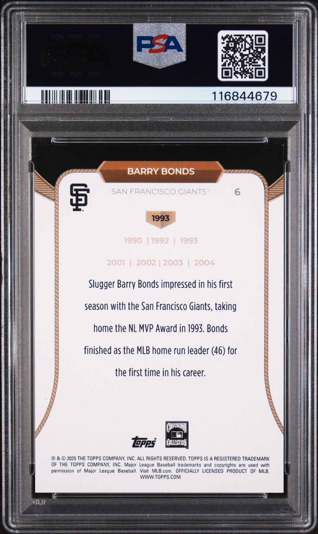 2025 Topps Welcome To The Club 3X MVP Barry Bonds #6 Orange Foil /25 PSA 9