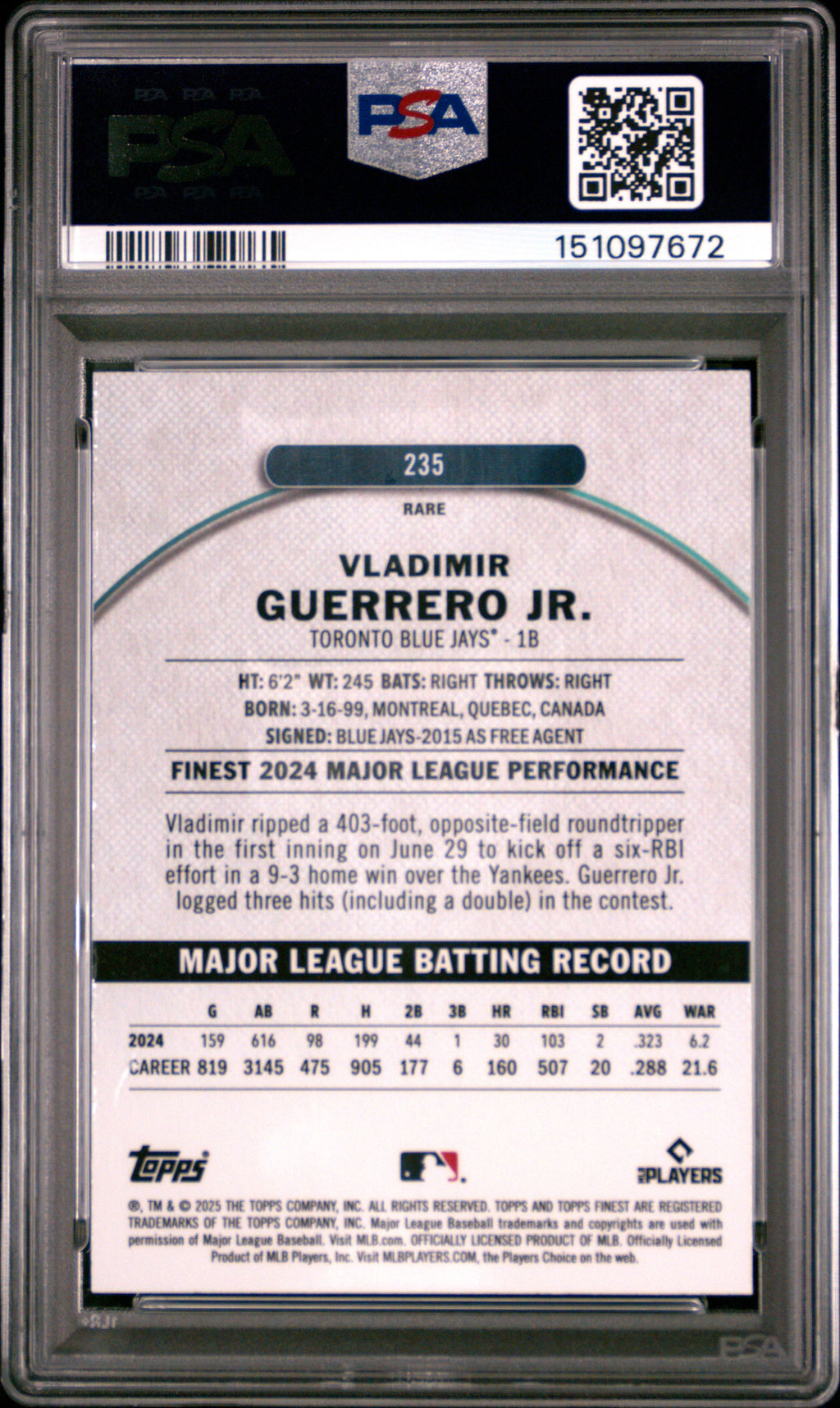 2025 Topps Finest Vladimir Guerrero JR. #235 Magenta Refractor /200 PSA 10