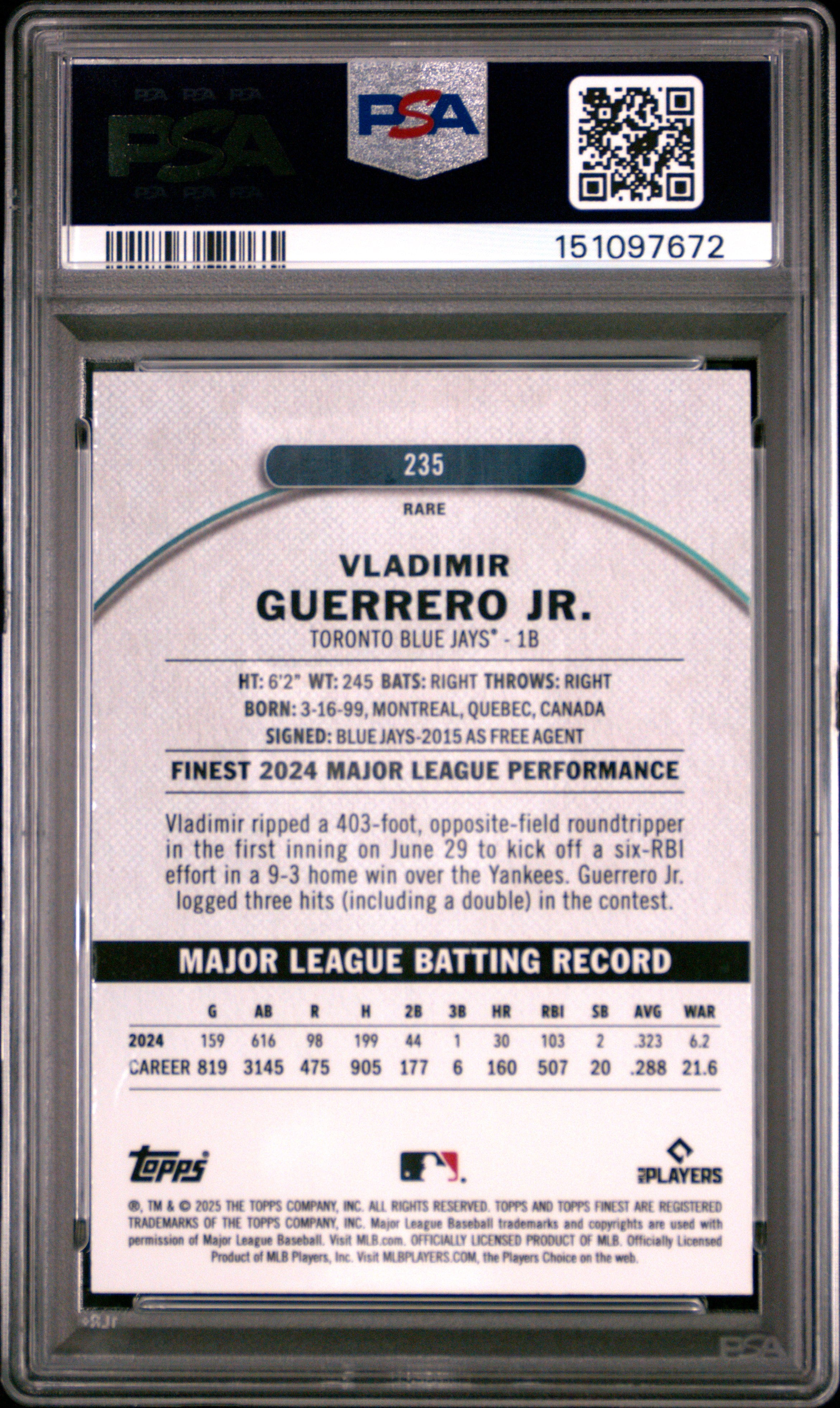 2025 Topps Finest Vladimir Guerrero JR. #235 Magenta Refractor /200 PSA 10