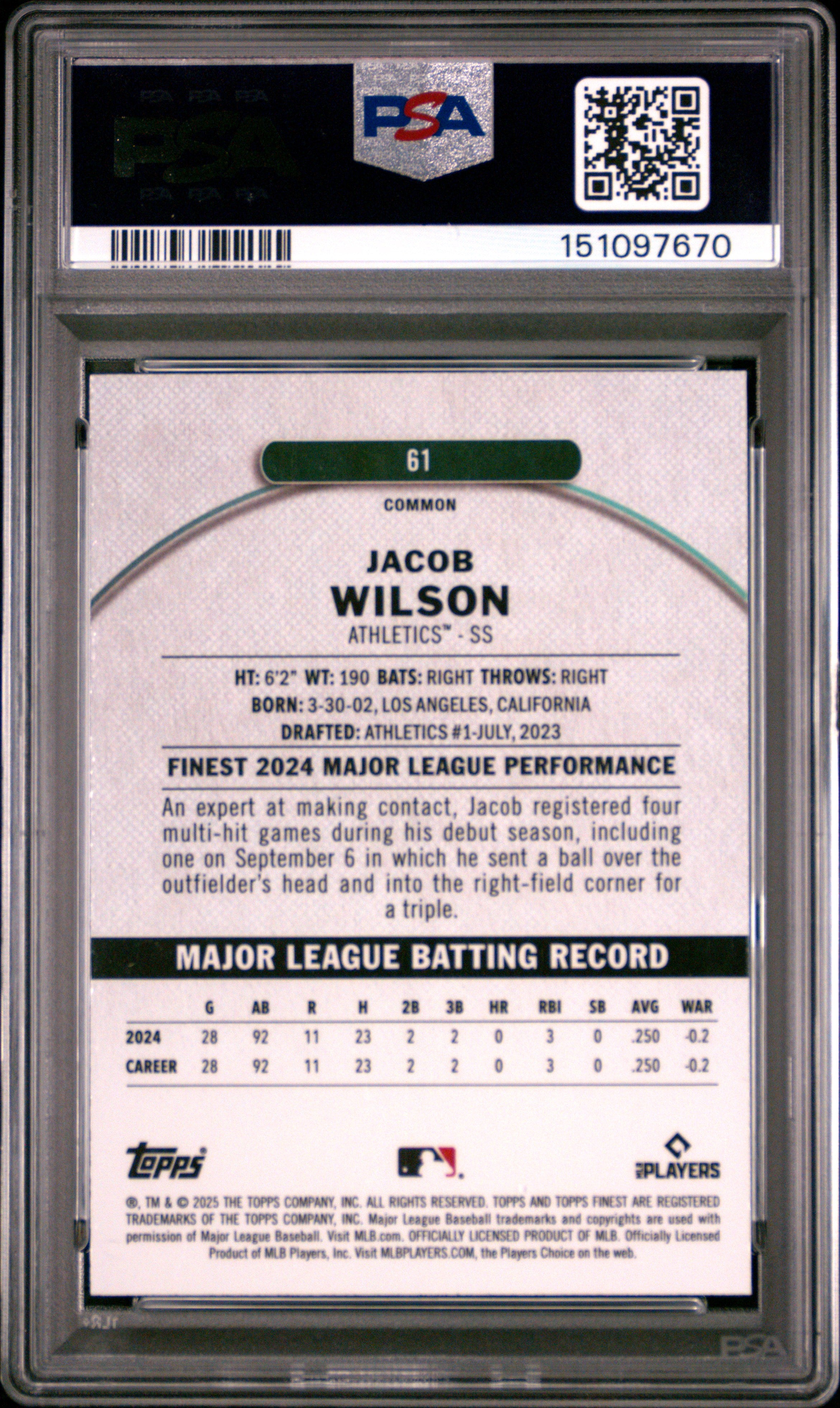 2025 Topps Finest Jacob Wilson #61 Purple Checkerboard /150 PSA 9