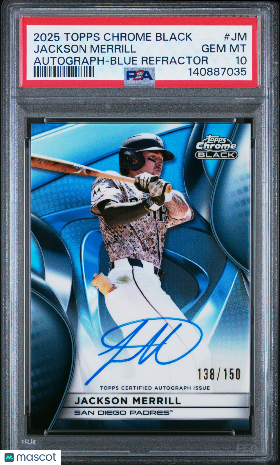 2025 Topps Chrome Black Autographs Jackson Merrill #JM Blue Refractor /150 PSA 10
